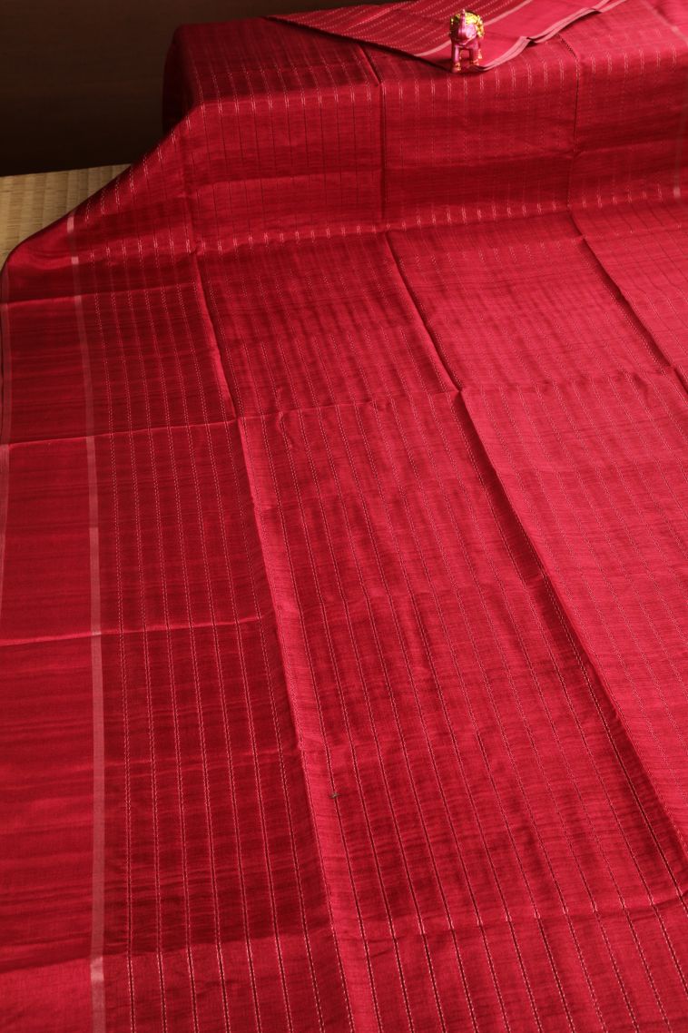 Dawn Red Semi Tussar Silk Copper Zari with Stripes view 2