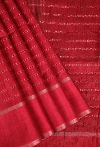 Dawn Red Semi Tussar Silk Copper Zari with Stripes