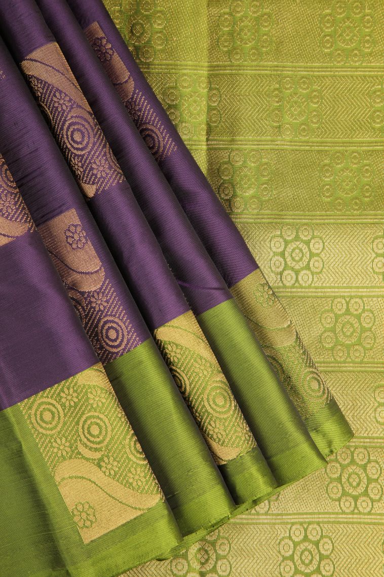 Viola Purple Soft Silk Saree Gold Zari with Floral Puttas