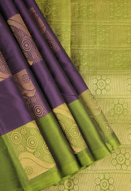 Viola Purple Soft Silk Saree Gold Zari with Floral Puttas