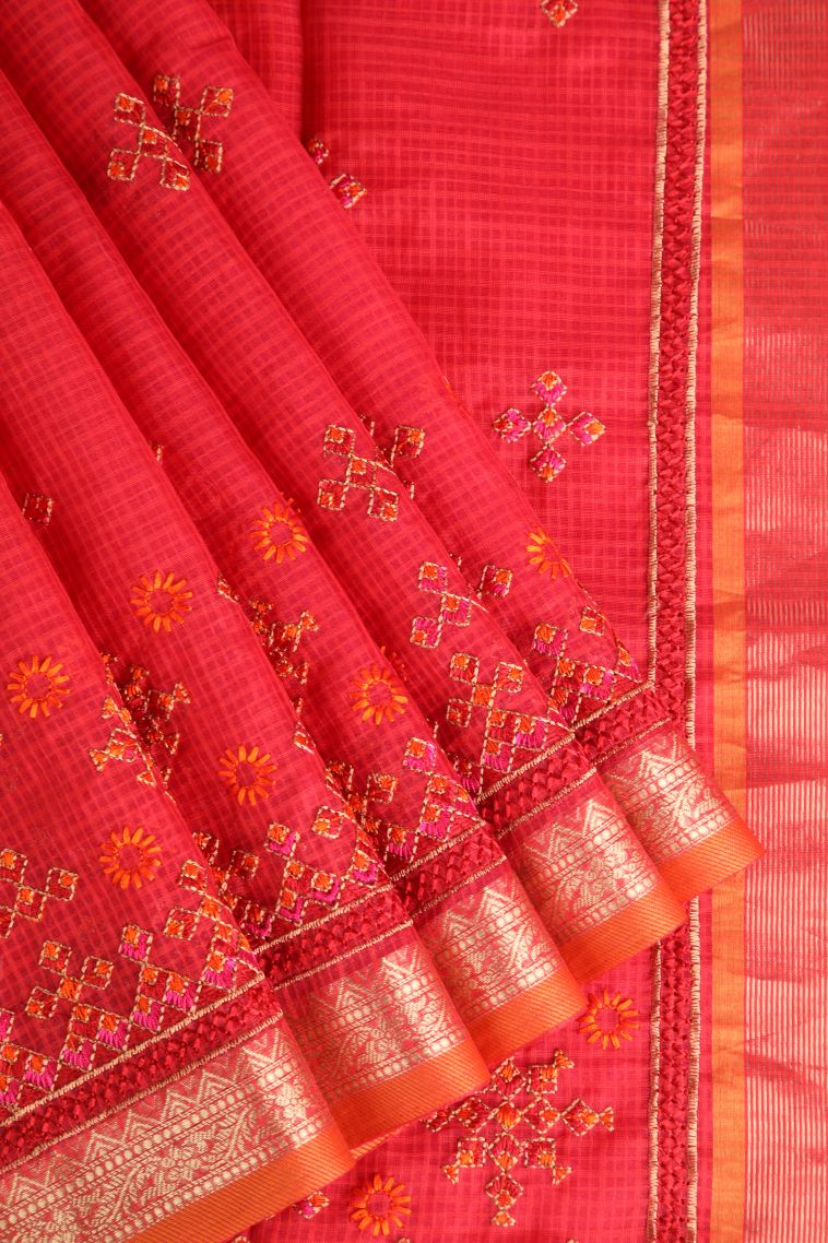 Rose Red Manipuri Cotton Sarees Gold Zari with Floral Puttas view 1