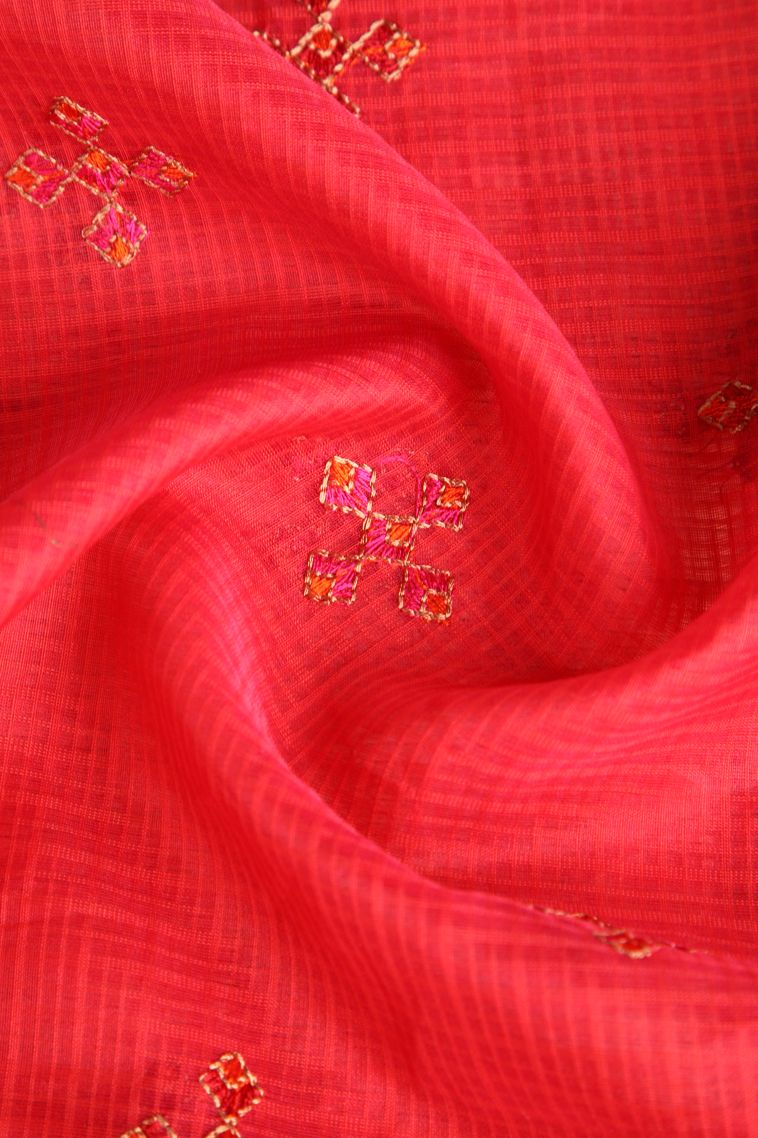 Rose Red Manipuri Cotton Sarees Gold Zari with Floral Puttas view 4