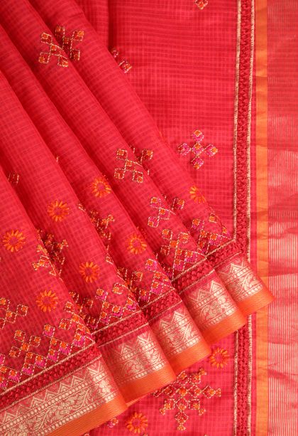 Rose Red Manipuri Cotton Sarees Gold Zari with Floral Puttas