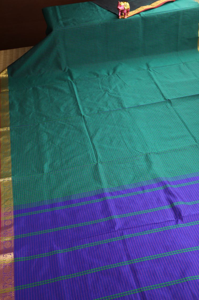 Fern Green Poly Cotton Sarees Gold Zari with Checks view 2