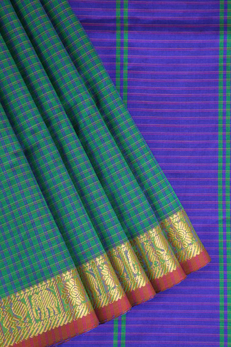 Fern Green Poly Cotton Sarees Gold Zari with Checks