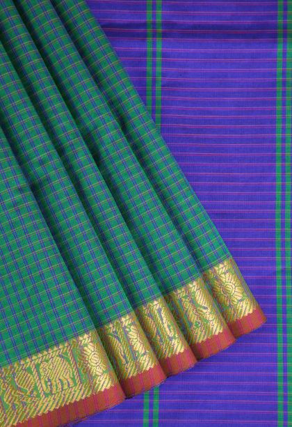 Fern Green Poly Cotton Sarees Gold Zari with Checks