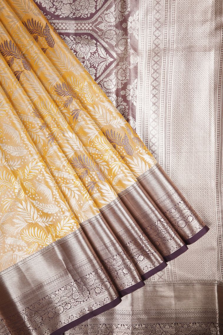 Merigold Orange Apoorva Silk Sarees with Gold And Silver Zari Leaf Pattern view 1