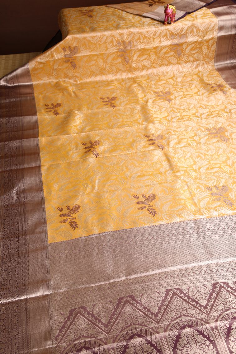 Merigold Orange Apoorva Silk Sarees with Gold And Silver Zari Leaf Pattern view 2