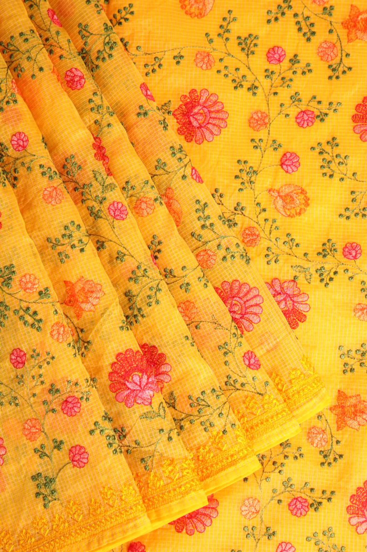 Briht Yellow Manipuri Cotton Sarees Without Zari with Floral Patterns view 1