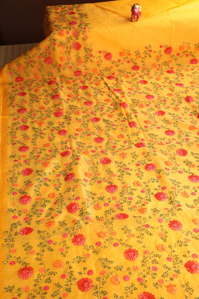 Briht Yellow Manipuri Cotton Sarees Without Zari with Floral Patterns view 2