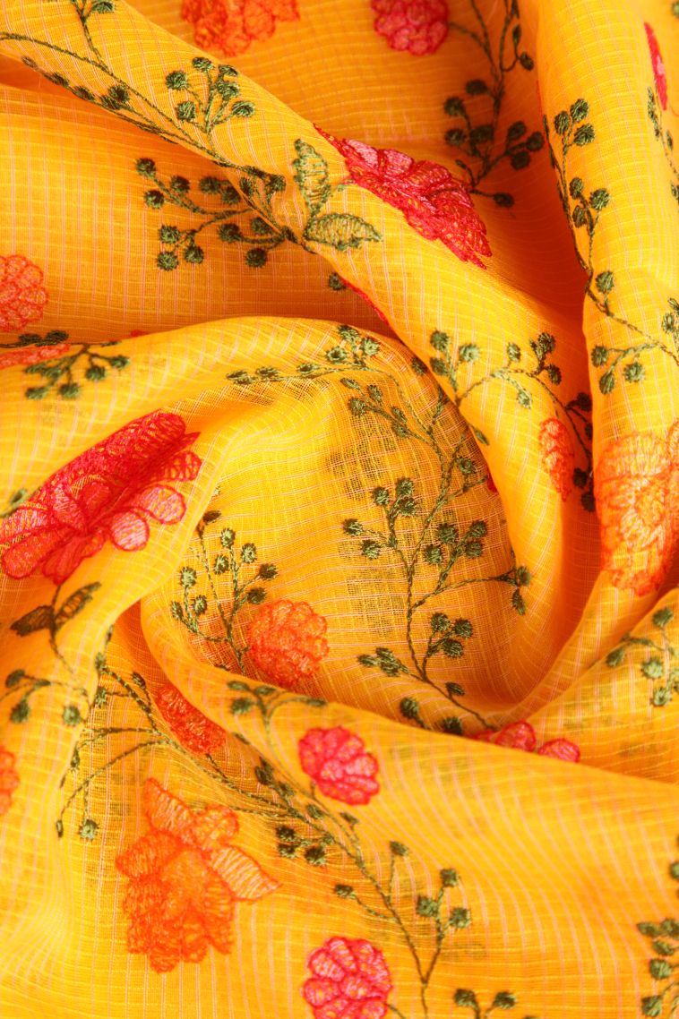 Briht Yellow Manipuri Cotton Sarees Without Zari with Floral Patterns view 4