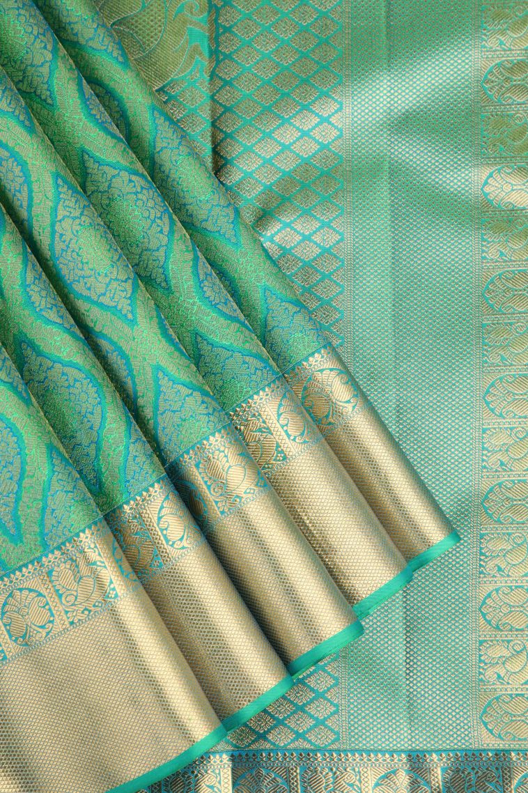 Seafoam Green Kanchipuram Silk Sarees with Gold Zari Floral Patterns view 1