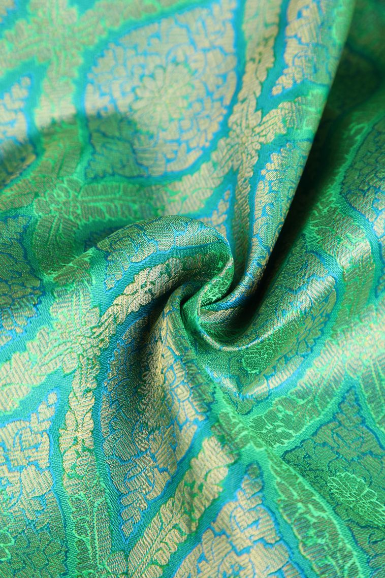 Seafoam Green Kanchipuram Silk Sarees with Gold Zari Floral Patterns view 4
