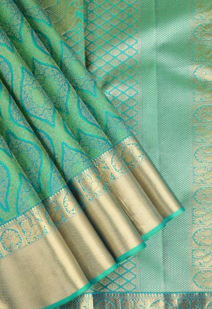 Seafoam Green Kanchipuram Silk Sarees with Gold Zari Floral Patterns