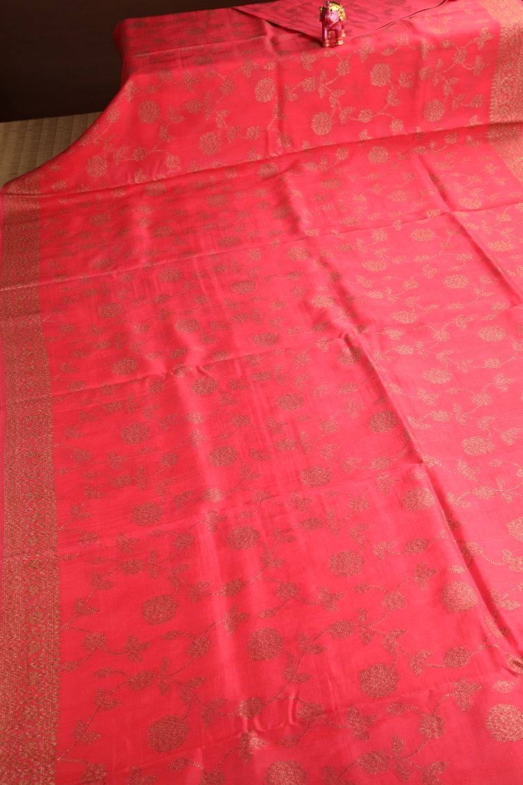 Strawberry Pink Banaras Sarees Antic Zari with Floral Patterns view 2