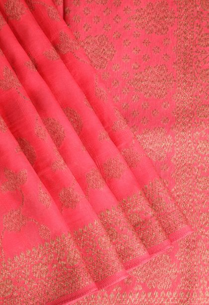Strawberry Pink Banaras Sarees Antic Zari with Floral Patterns
