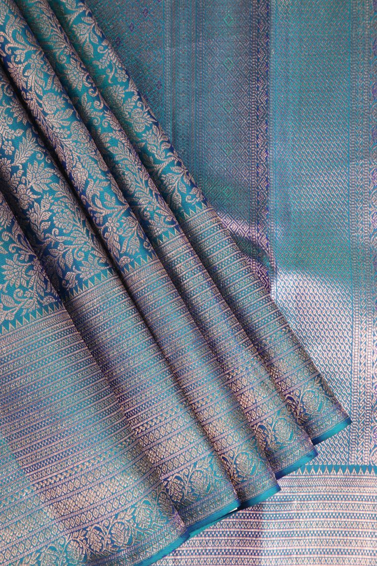 Teal Blue Kanchipuram Silk Sarees with Copper Zari Floral Patterns view 1