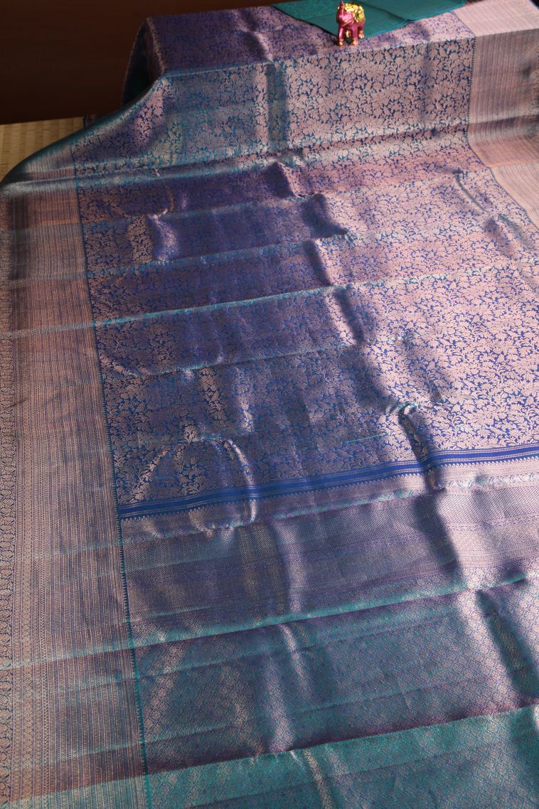 Teal Blue Kanchipuram Silk Sarees with Copper Zari Floral Patterns view 2