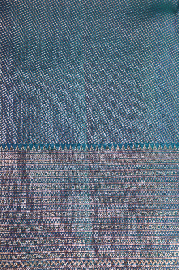 Teal Blue Kanchipuram Silk Sarees with Copper Zari Floral Patterns view 3