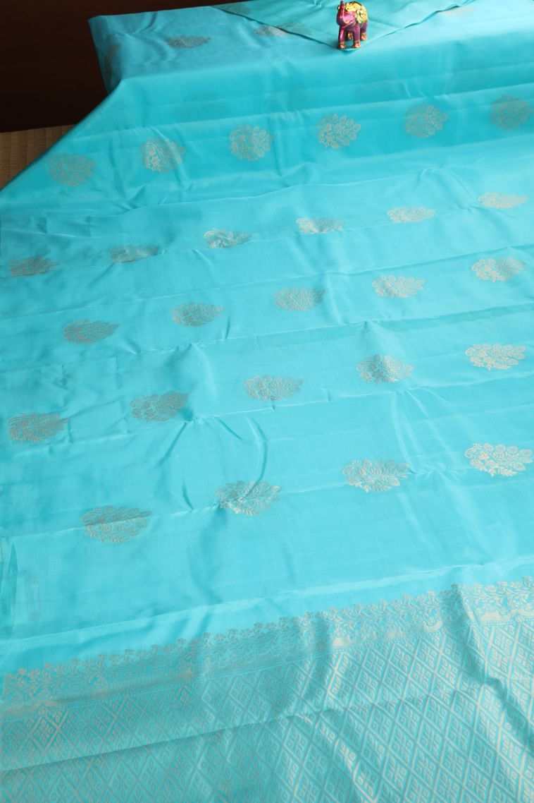 Sky Blue Soft Silk Saree Gold Zari with Floral Patterns view 2