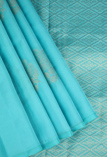 Sky Blue Soft Silk Saree Gold Zari with Floral Patterns