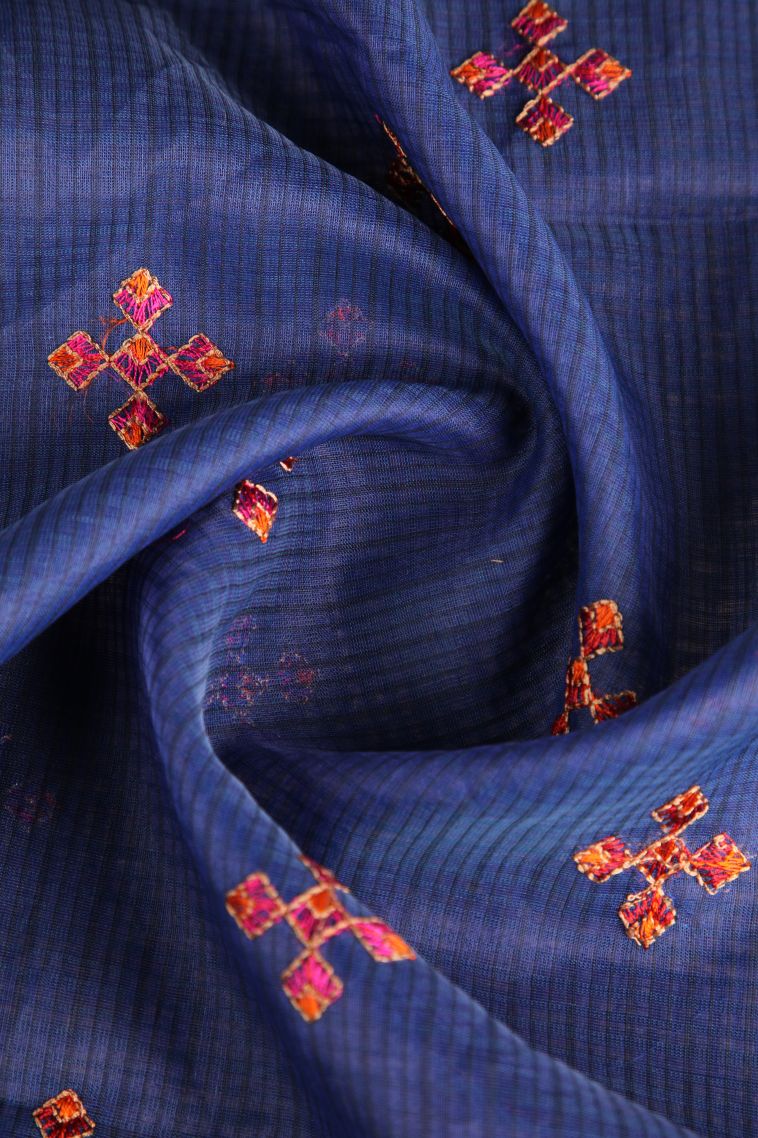 Azure Blue Manipuri Cotton Sarees Gold Zari with Floral Puttas view 4
