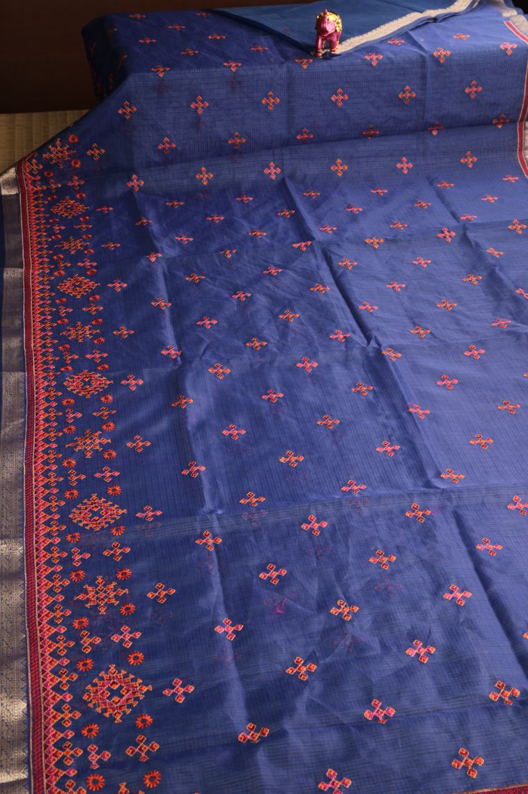 Azure Blue Manipuri Cotton Sarees Gold Zari with Floral Puttas view 2