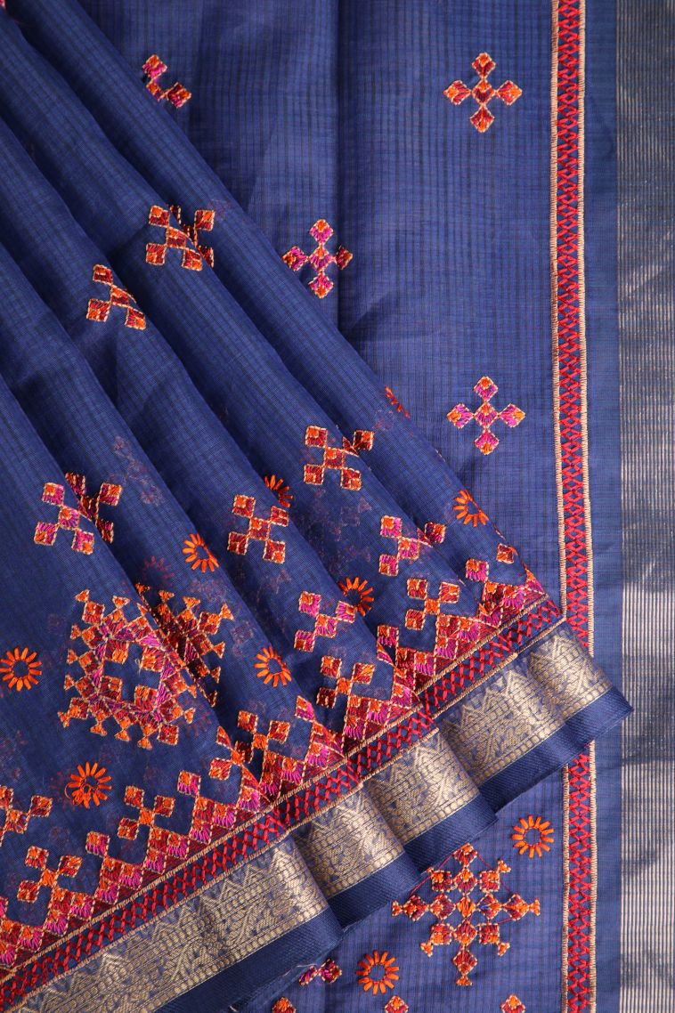 Azure Blue Manipuri Cotton Sarees Gold Zari with Floral Puttas view 1