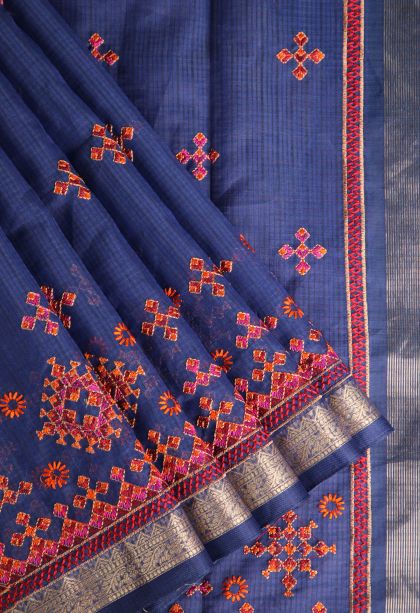 Azure Blue Manipuri Cotton Sarees Gold Zari with Floral Puttas