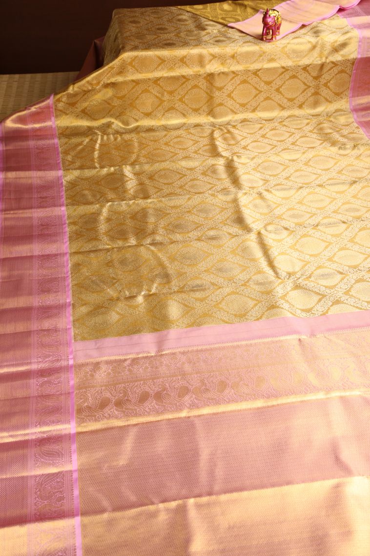 Gold Kanchipuram Silk Sarees with Gold Zari Leaf Pattern view 2