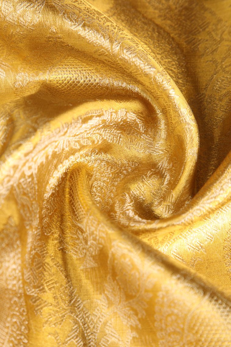 Gold Kanchipuram Silk Sarees with Gold Zari Leaf Pattern view 4