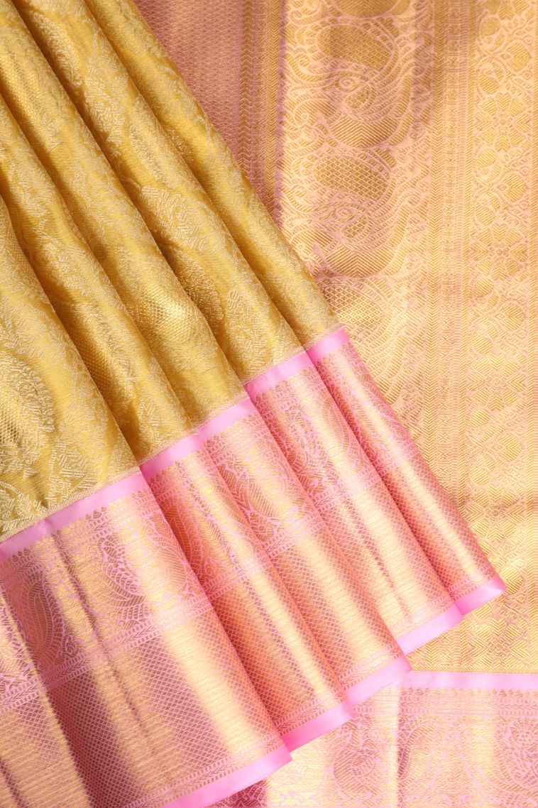 Gold Kanchipuram Silk Sarees with Gold Zari Leaf Pattern view 1