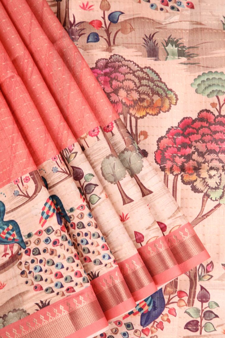 Strawberry Pink Semi Tussar Silk Gold Zari with Zari Puttas