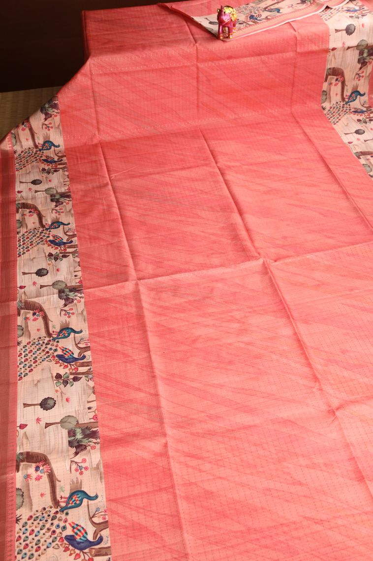 Strawberry Pink Semi Tussar Silk Gold Zari with Zari Puttas view 2