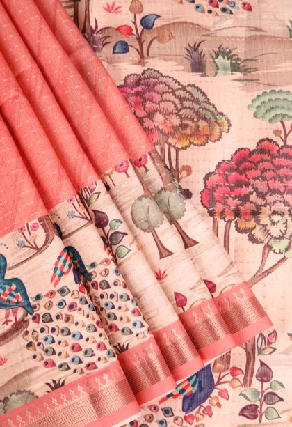 Strawberry Pink Semi Tussar Silk Gold Zari with Zari Puttas