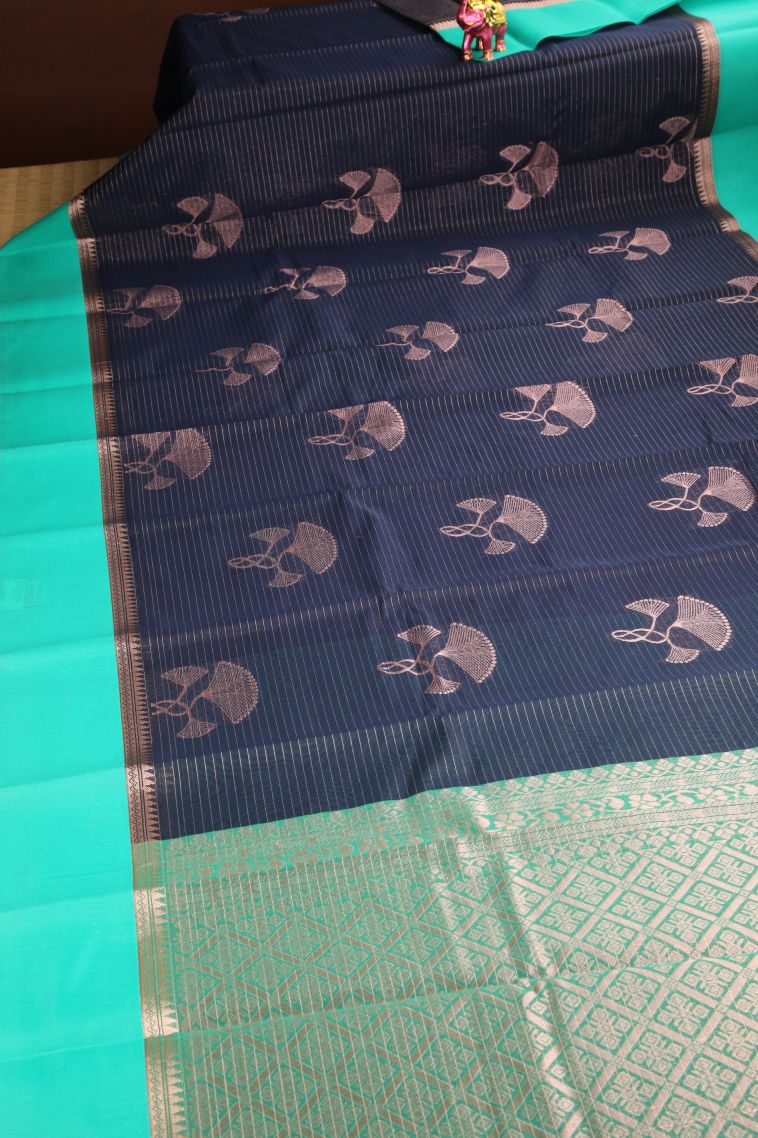 Indigo Blue Silk Cotton Sarees with Copper Zari Floral Patterns view 2
