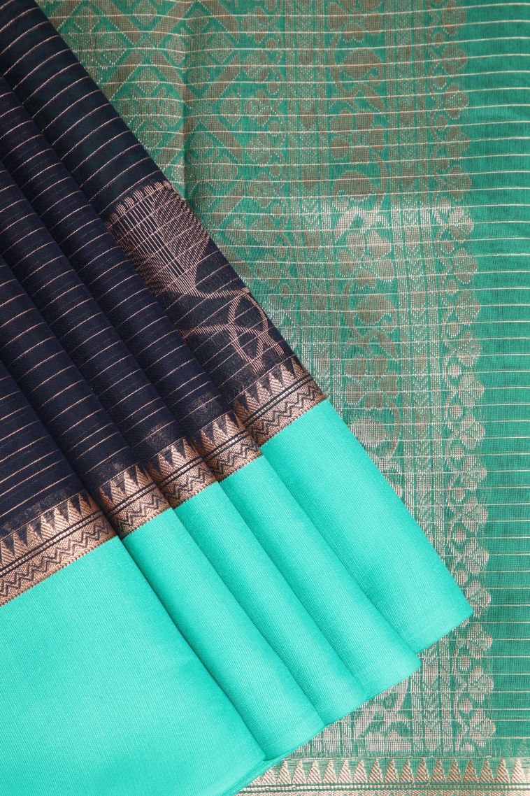 Indigo Blue Silk Cotton Sarees with Copper Zari Floral Patterns