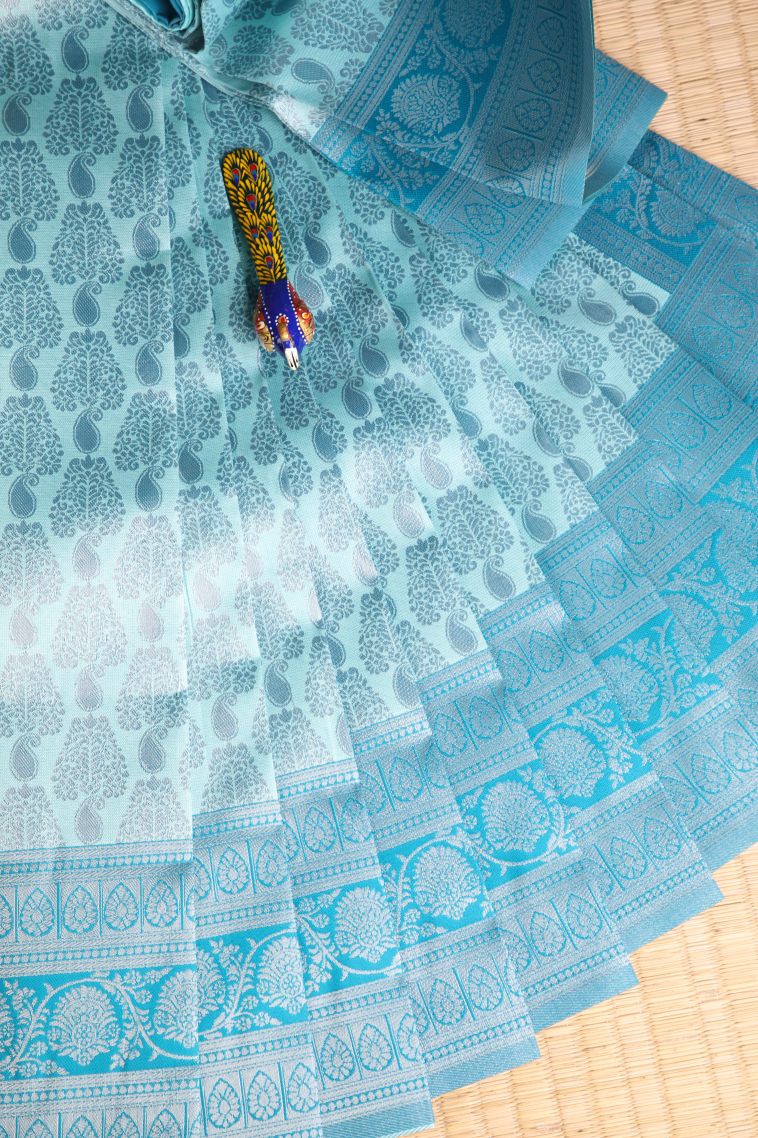Arctic Blue Visiri Madippu Silk Sarees with Silver Zari Manga view 1