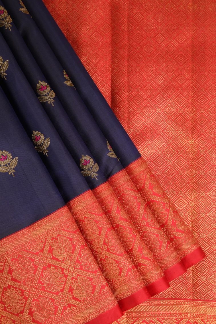 Navy Blue Kanchipuram Silk Sarees Gold Zari with Floral Patterns