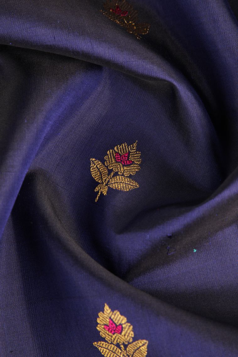 Navy Blue Kanchipuram Silk Sarees Gold Zari with Floral Patterns view 4
