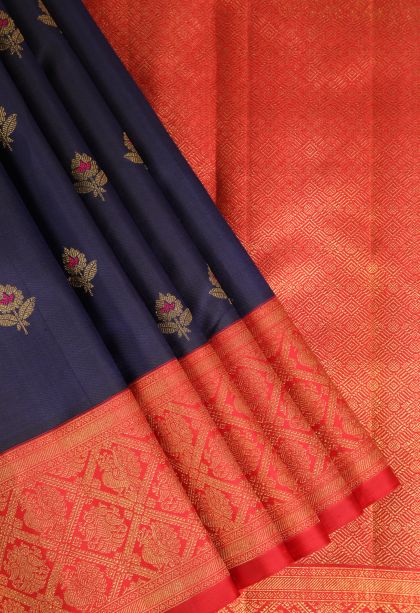 Navy Blue Kanchipuram Silk Sarees Gold Zari with Floral Patterns