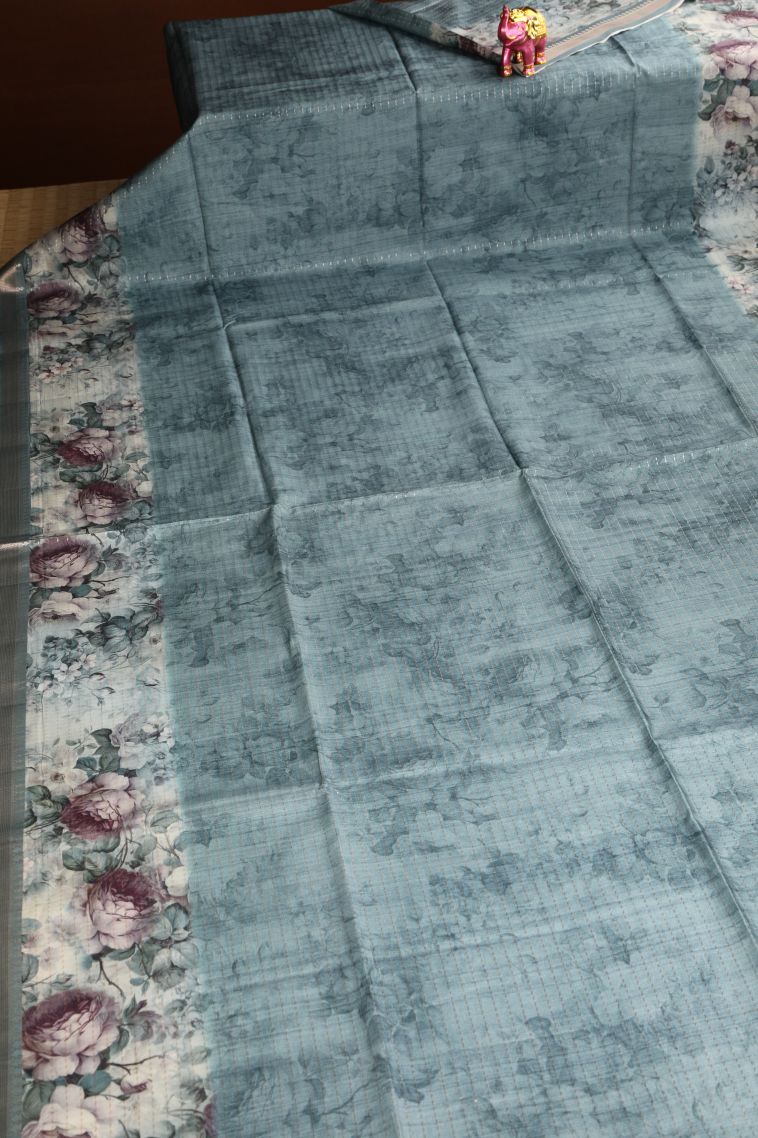 Stone Blue Semi Tussar Silk Gold Zari with Floral Patterns view 2