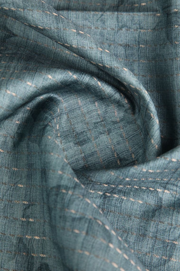 Stone Blue Semi Tussar Silk Gold Zari with Floral Patterns view 4