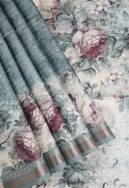 Stone Blue Semi Tussar Silk Gold Zari with Floral Patterns