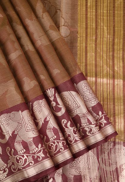 Tortilla Brown Organza Saree with Silver Zari Floral Patterns