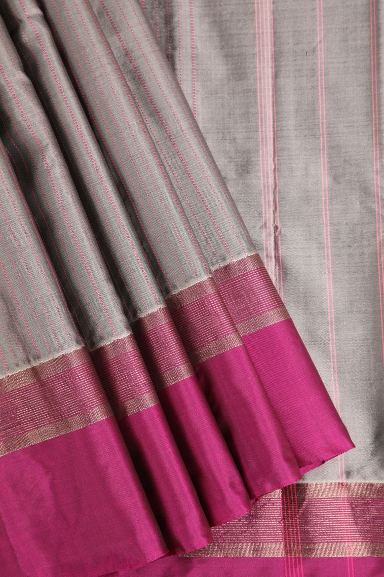 Gray Black Arani Silk Sarees Gold Zari with Straipes And Puttas view 1