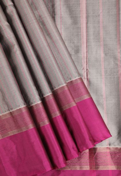 Gray Black Arani Silk Sarees Gold Zari with Straipes And Puttas