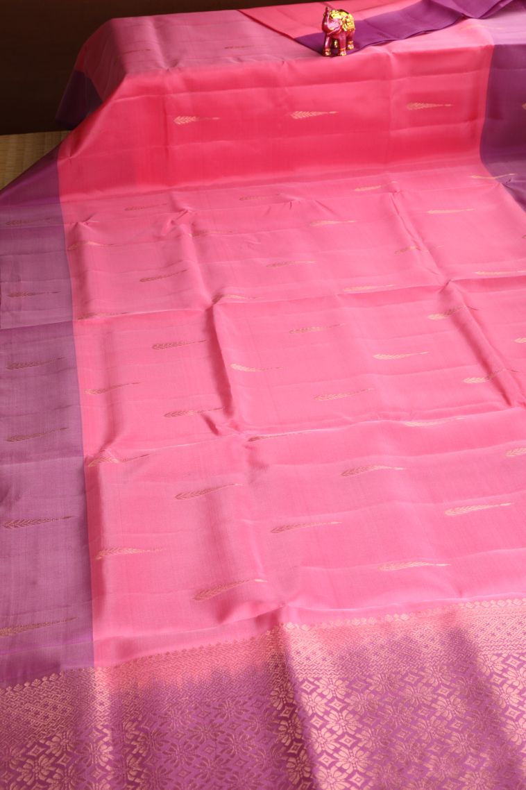 Watermelon Pink Soft Silk Saree with Gold Zari Leaf Pattern view 2