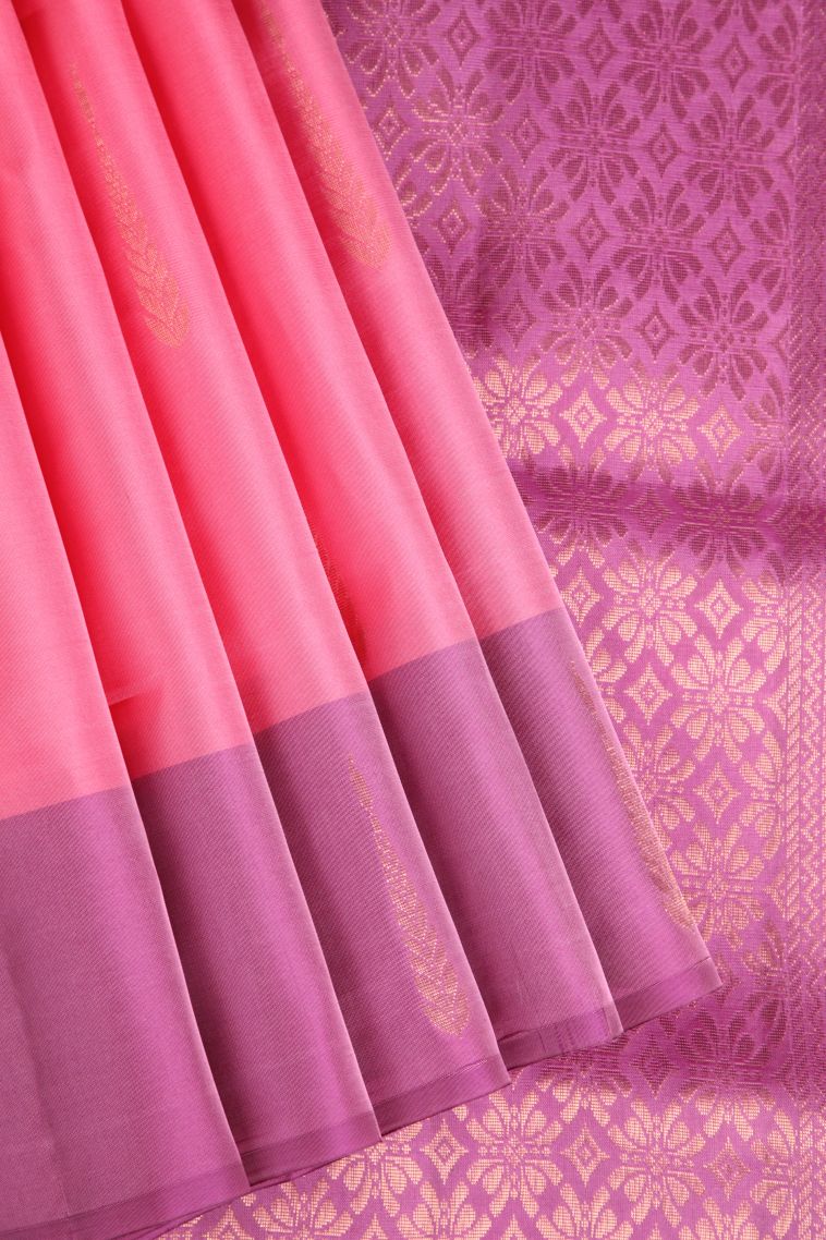 Watermelon Pink Soft Silk Saree with Gold Zari Leaf Pattern view 1