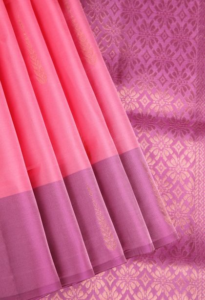 Watermelon Pink Soft Silk Saree with Gold Zari Leaf Pattern